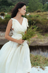 Silk Ruffle Strap Maxi Dress with Wrapped Bodice and Tie Waist – Flowy Silhouette for Events